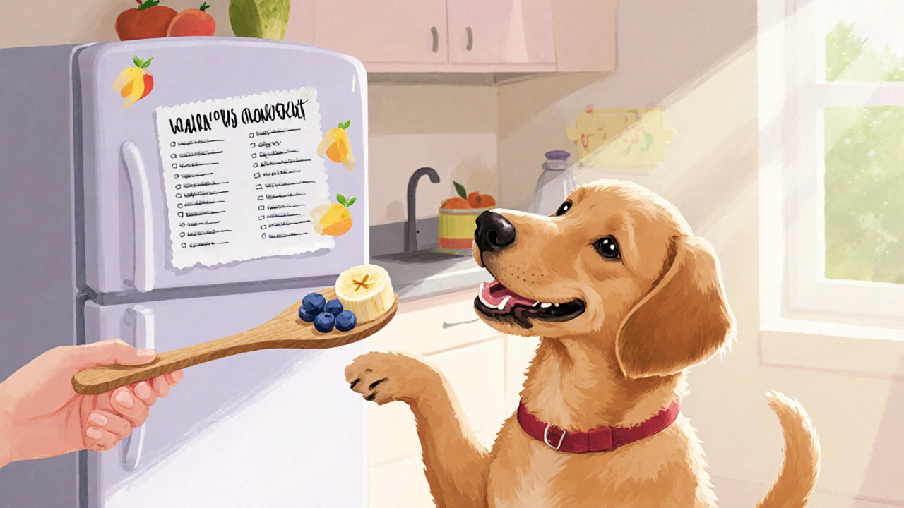 Собака получает безопасное лакомство — банан и чернику, на фоне списка разрешённых продуктов на холодильнике.