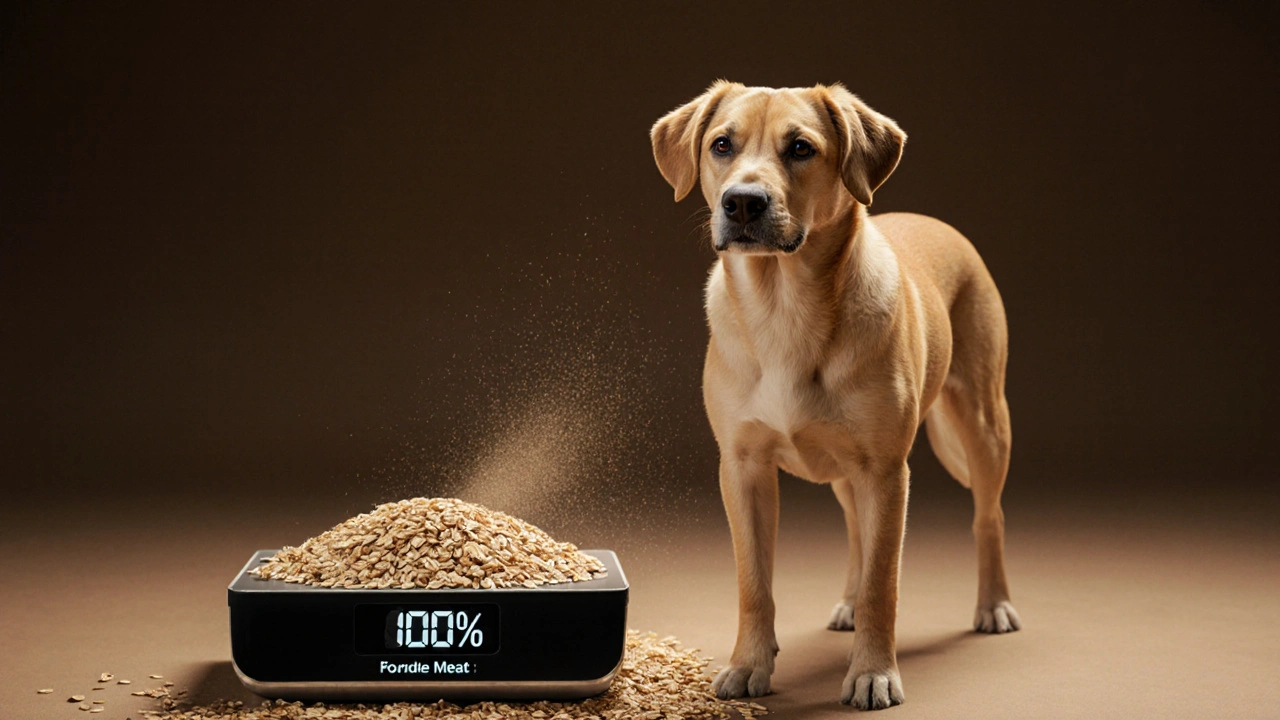 Собака стоит рядом с весами, показывающими правильное соотношение мяса и каши.