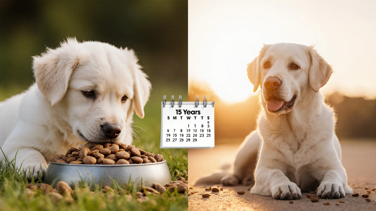 Собака в щенячьем возрасте и в возрасте 15 лет, обе с одним и тем же кормом — символ долгой жизни.