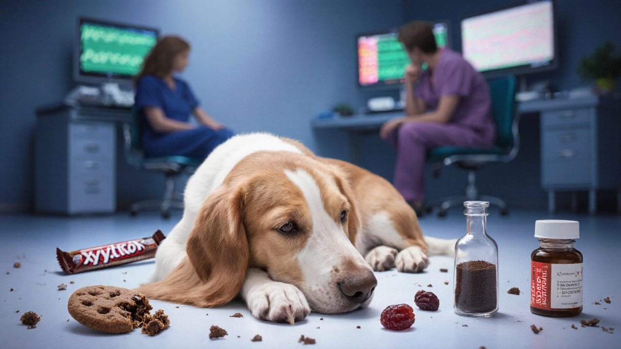 Собака в ветеринарной клинике, рядом с запрещенными продуктами, вызвавшими отравление.