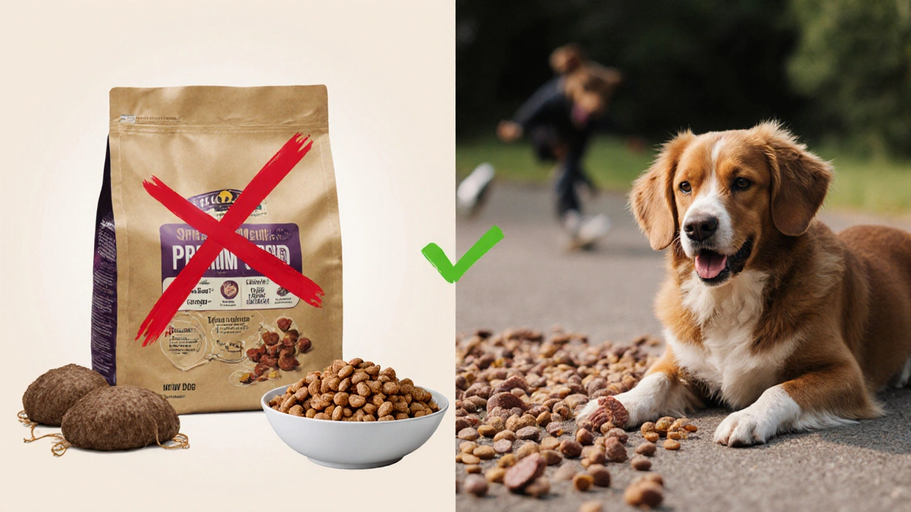 Сравнение дешевого и качественного корма для собак: слева — вялая собака, справа — активная с блестящей шерстью.