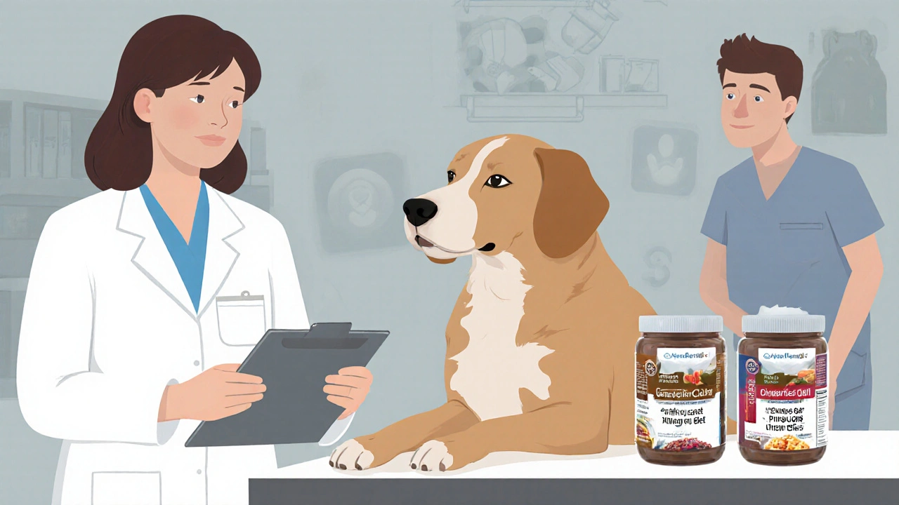 Ветеринар объясняет владельцу правильное питание для собаки.