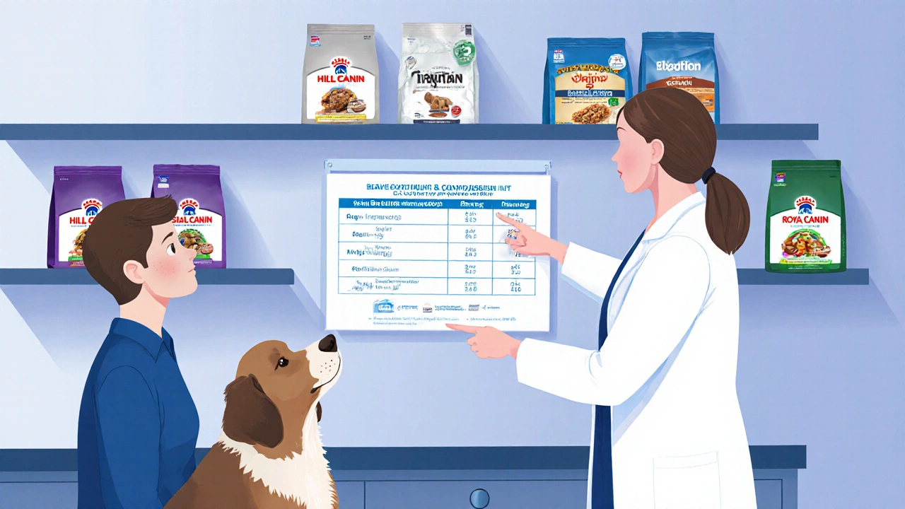 Ветеринар объясняет владельцу собаки различия между качественным и дешевым кормом.