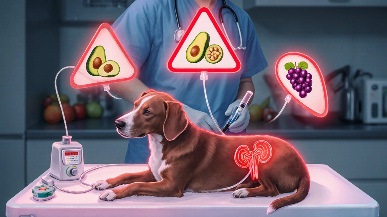 Ветеринар оказывает помощь собаке с капельницей, вокруг — предупреждающие символы токсичных фруктов.