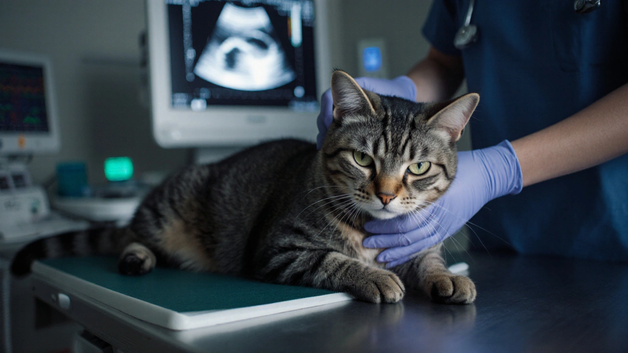 Ветеринар осматривает кота с твёрдым животом на медицинском столе.