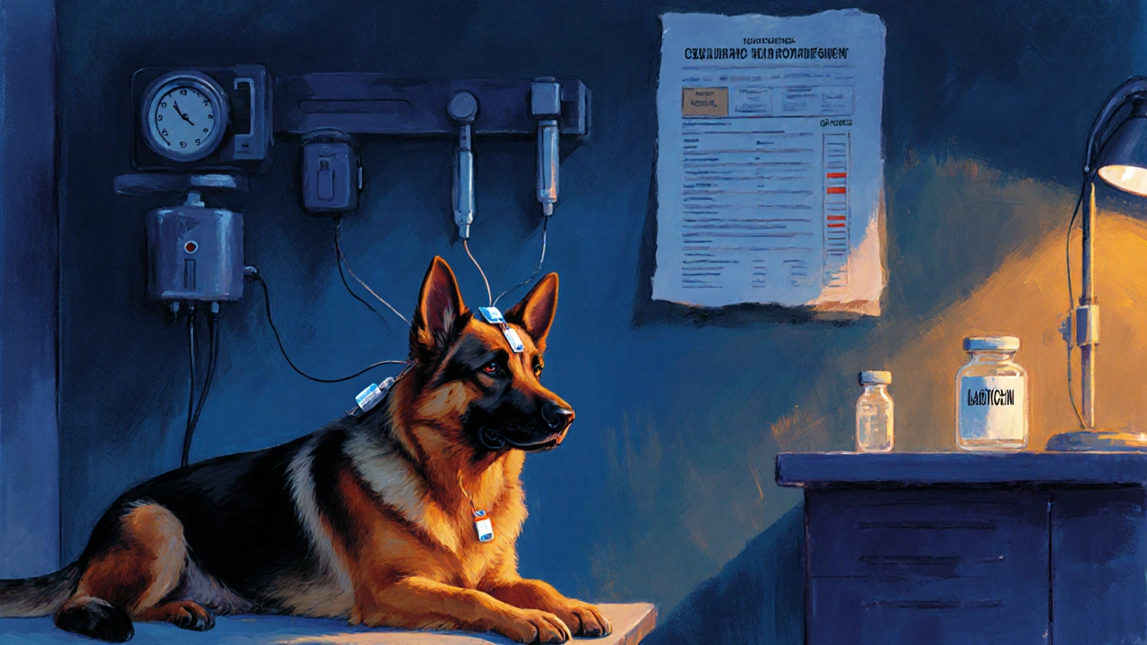 Ветеринар осматривает собаку в приступе, на стене — анализ крови с повышенным аммиаком.