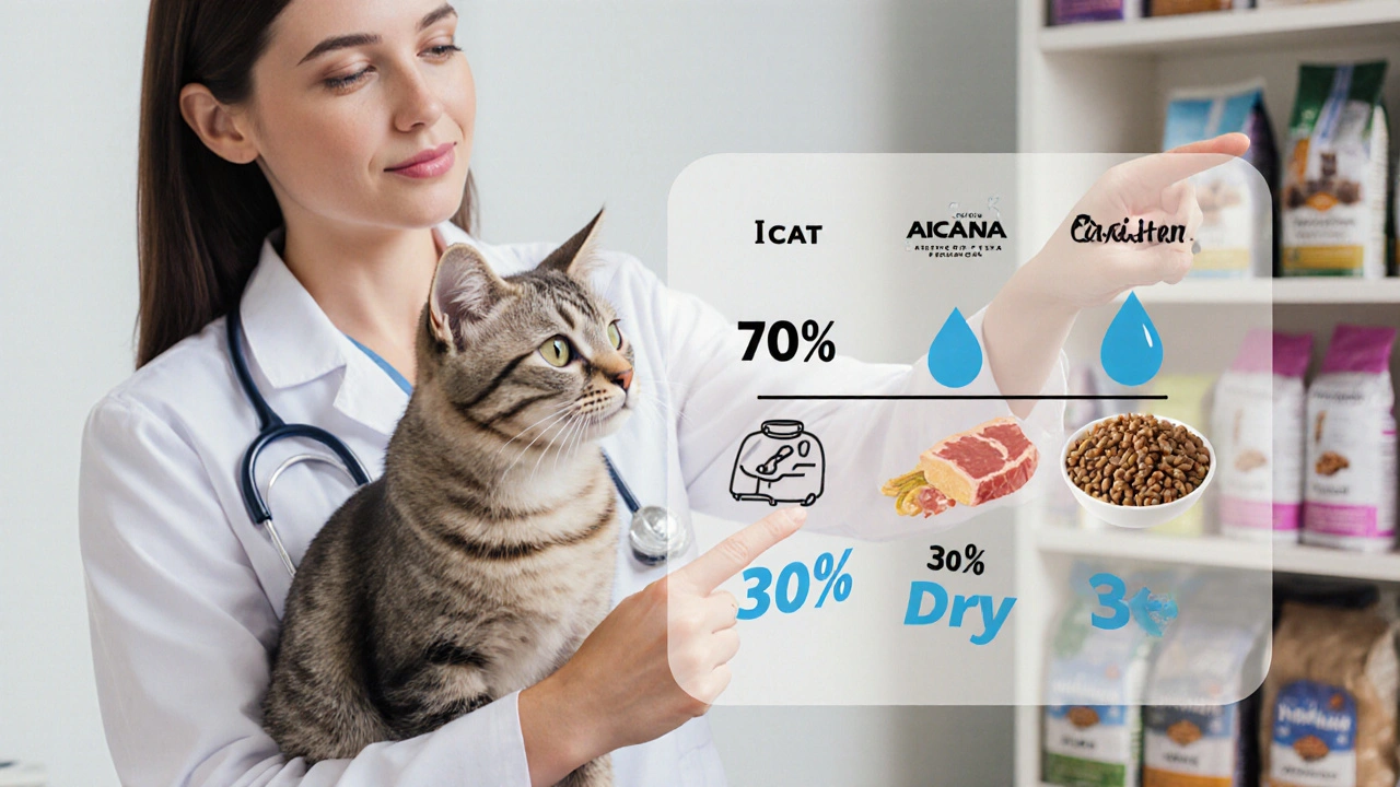 Ветеринар показывает кошке схему сбалансированного рациона с влажным и сухим кормом.