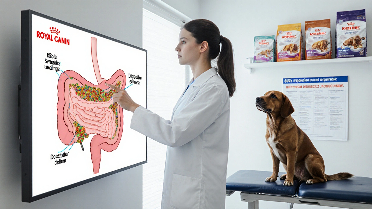 Ветеринар показывает схему пищеварения собаки с нарушениями при смешанном питании.