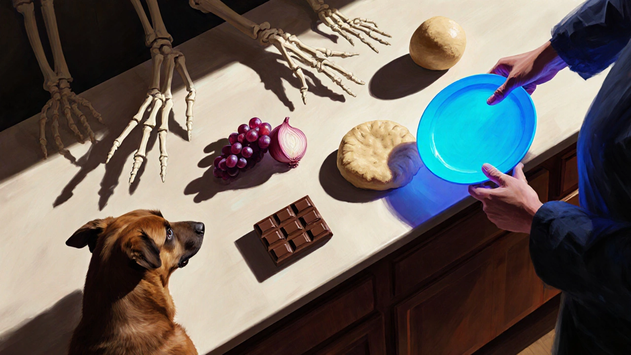 Вид собаки: запрещенные продукты на кухне бросают тени, как угрозы, рука убирает еду.
