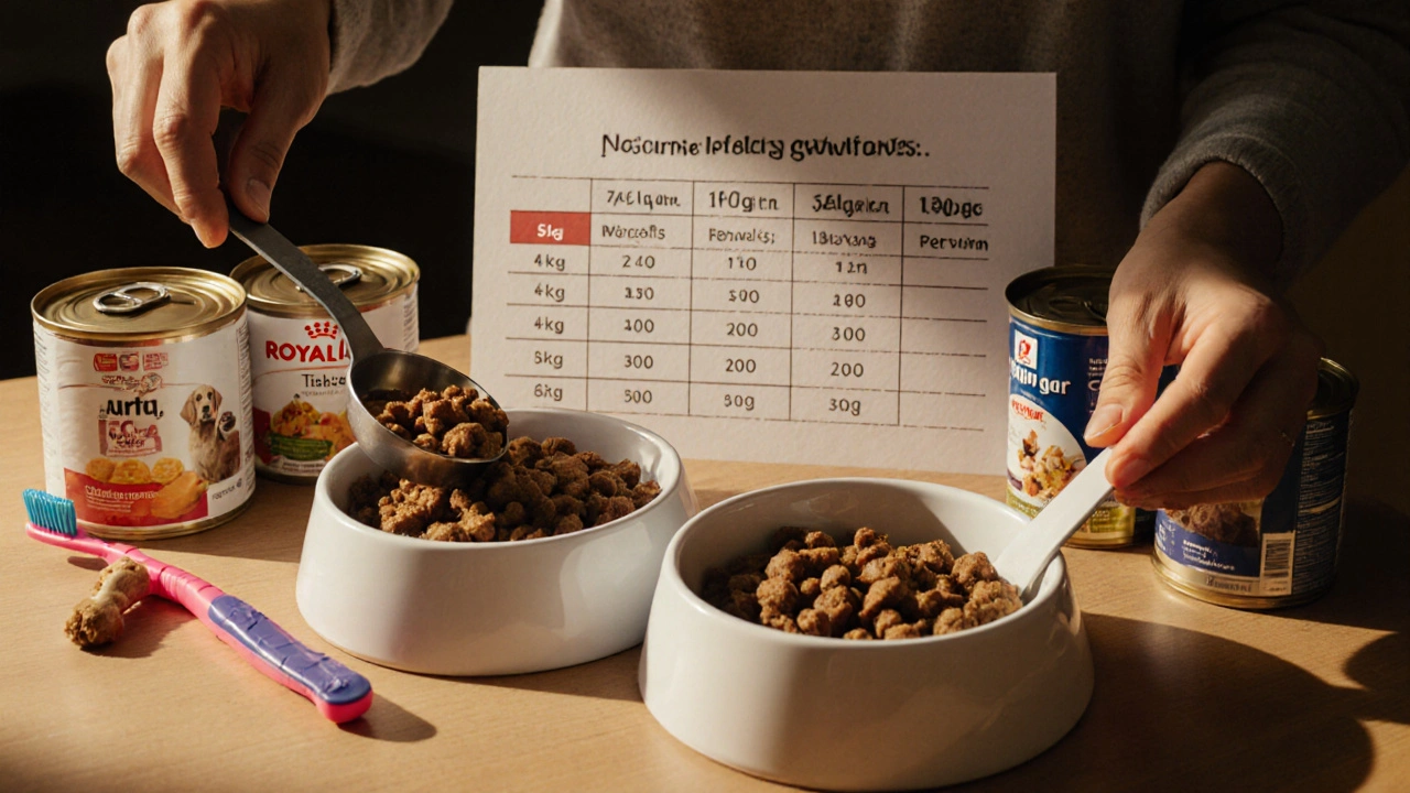 Владелец отмеряет порции влажного корма по весу собаки, рядом миски и гигиенические предметы.