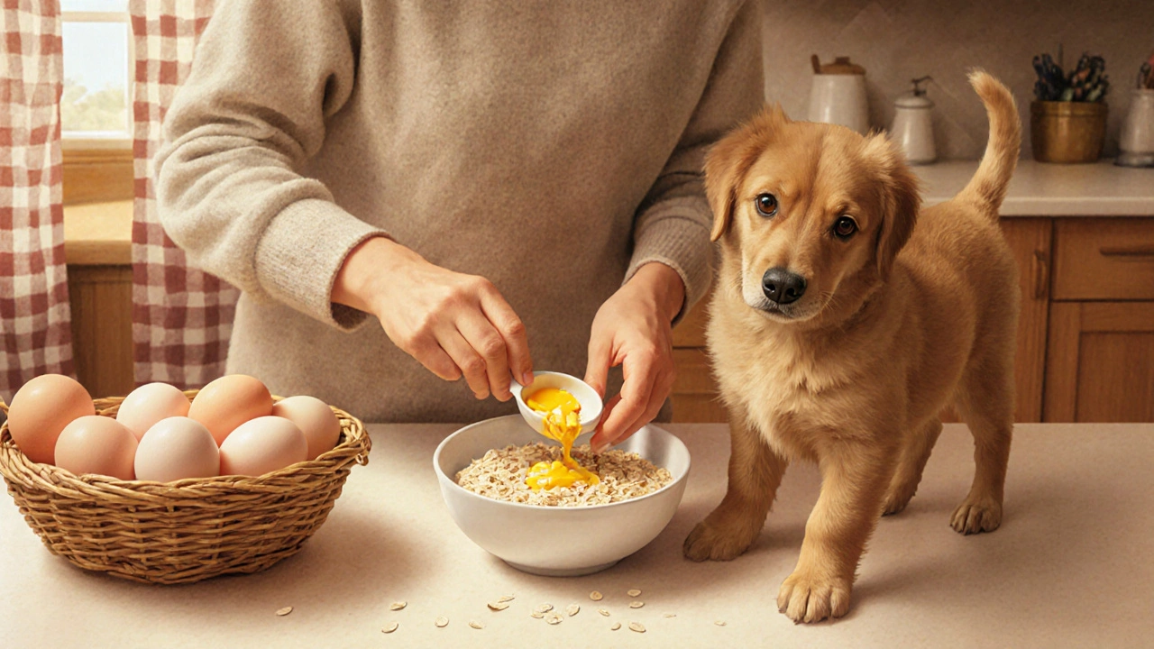 Владелец смешивает яйцо с овсянкой для щенка.