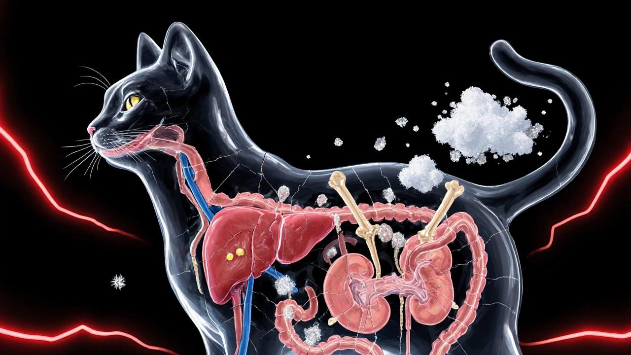 Внутренние органы кошки в виде хрупких стеклянных конструкций, трескающихся под воздействием соли и костей.