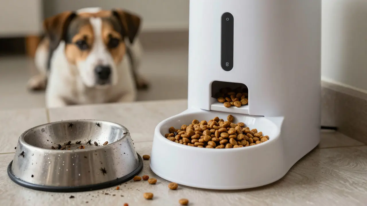 Автоматическая кормушка подает порцию корма, а старая миска с остатками стоит в углу.