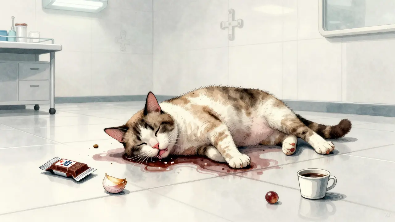 Больная кошка на полу ветеринарной клиники, вокруг — запрещённые продукты.