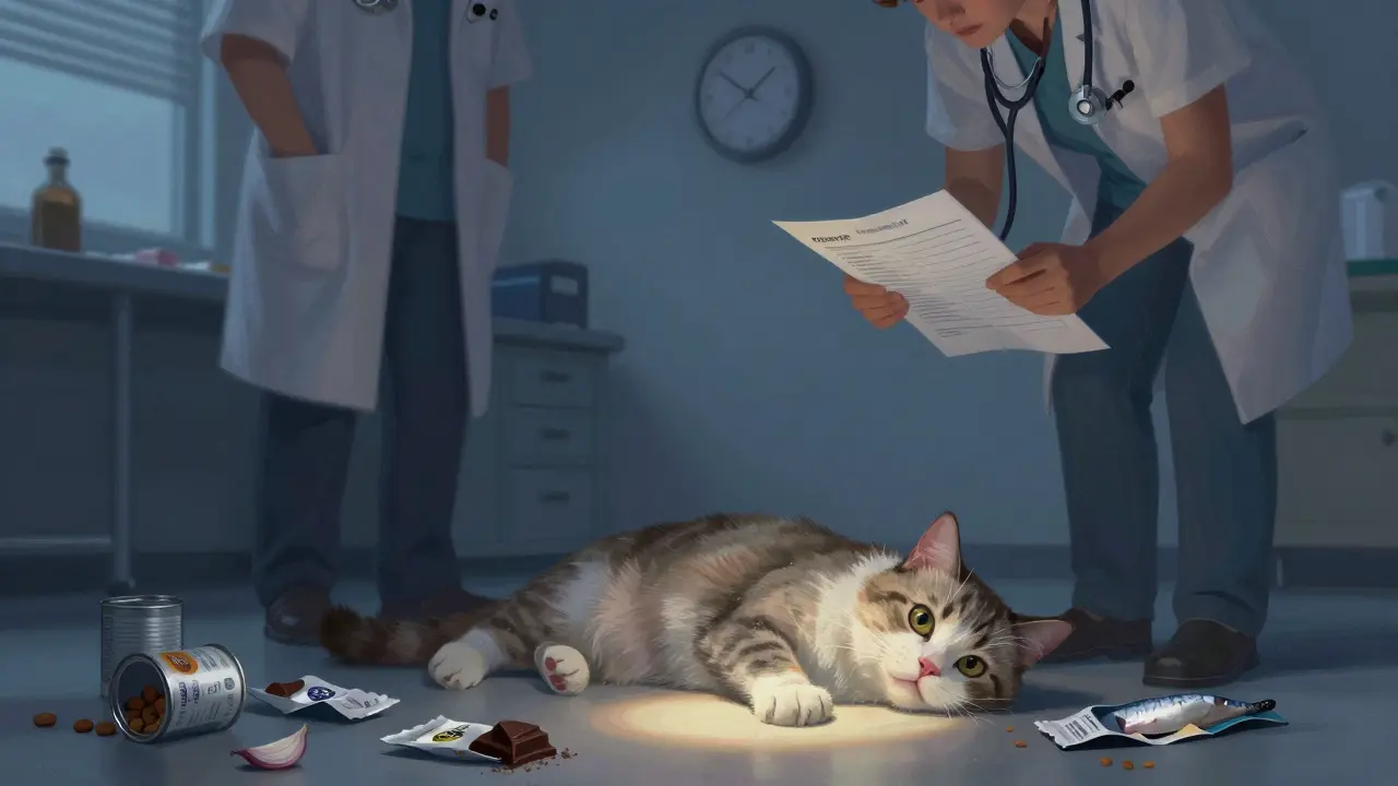 Больной кот на полу ветклиники, вокруг упаковки вредных продуктов, владелец и ветеринар рядом.