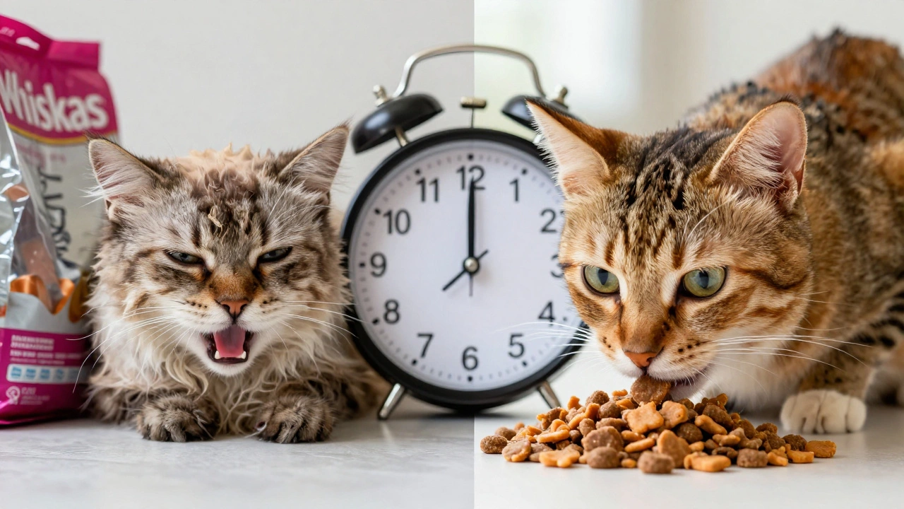 Два изображения кошки: одна больная с Вискасом, другая здоровая с качественным кормом, между ними часы с возрастом.