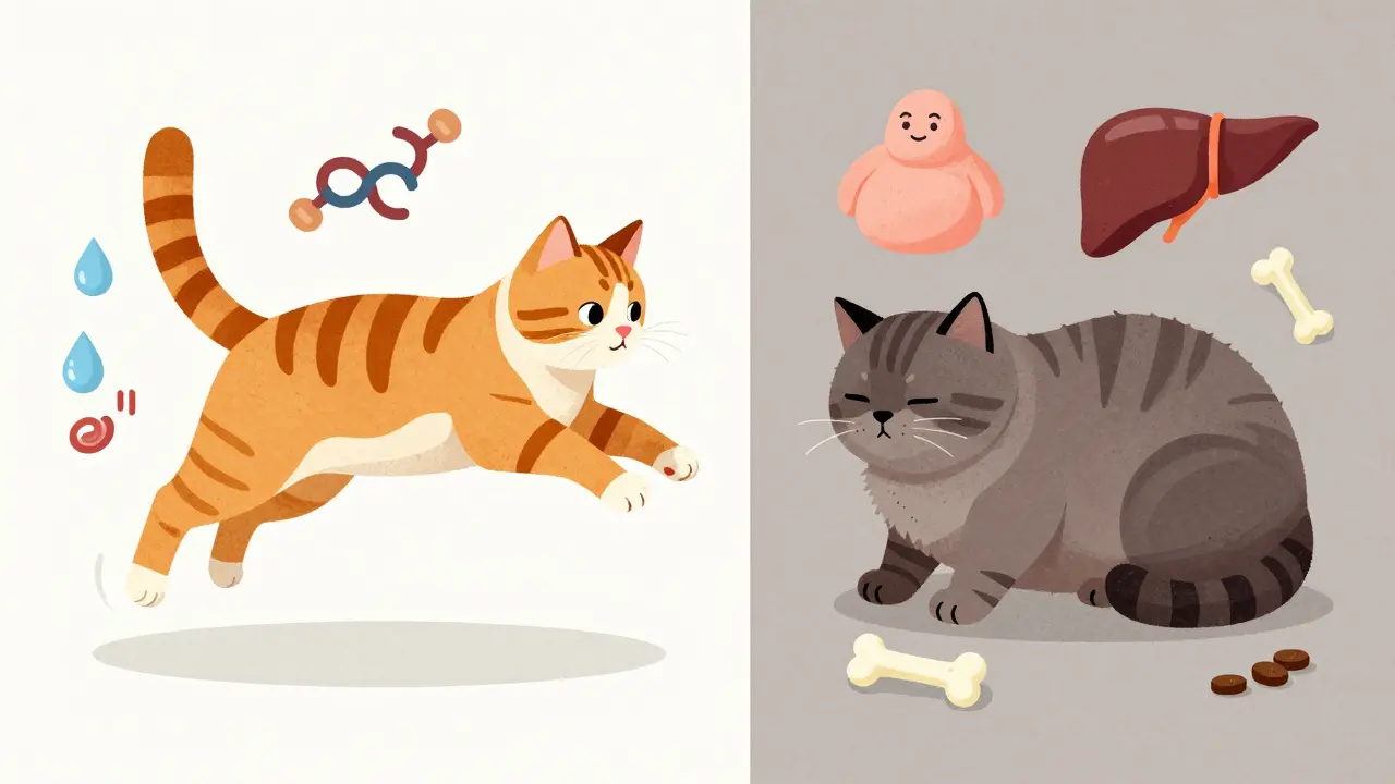 Две кошки: одна здоровая и активная, другая слабая и тучная, символизирующие правильное и неправильное питание.