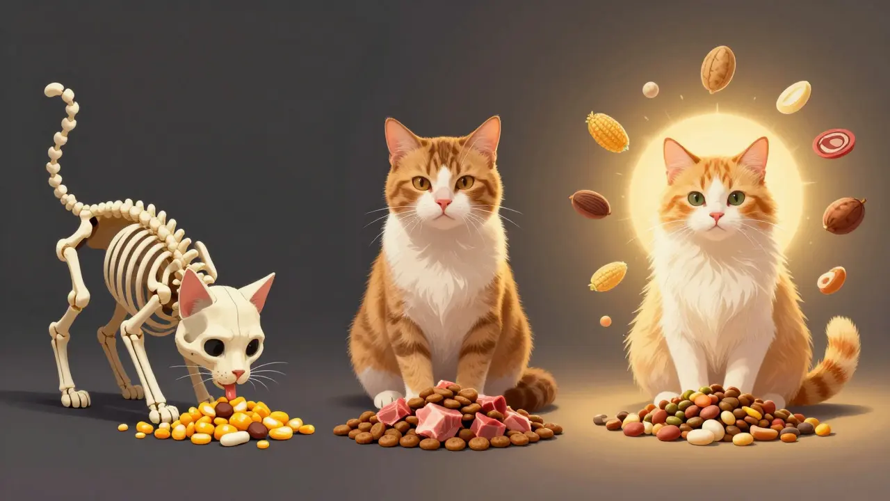 Художественное изображение трех кошек: больная, здоровая и сияющая, с разными кормами.