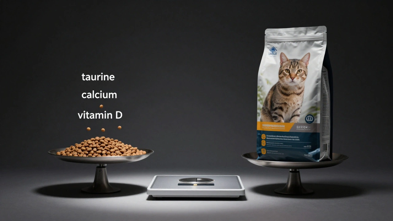 Кошка на весах: одни грузики падают, другие — сбалансированный корм.