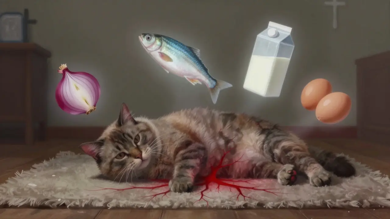 Кошка окружена прозрачными символами опасных продуктов: лук, рыба, молоко.