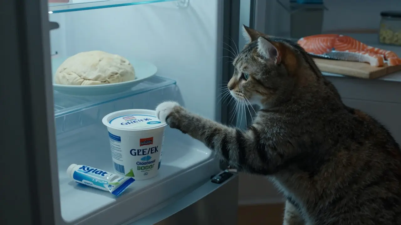 Кот тянется к йогурту и жевательной резинке в открытом холодильнике, рядом — сырое тесто.