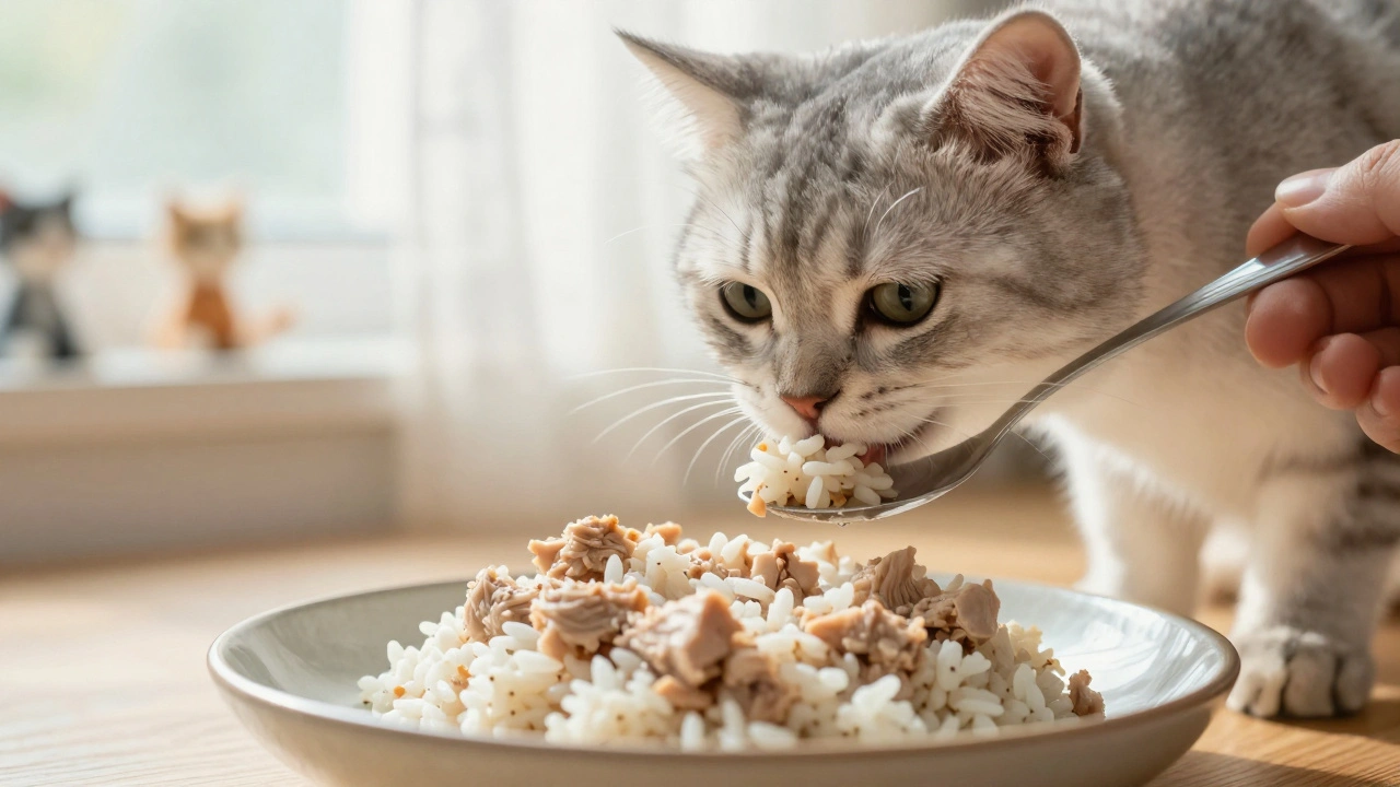 Котёнок лизает ложку с рисом и куриным пюре, утренний свет падает на тарелку.