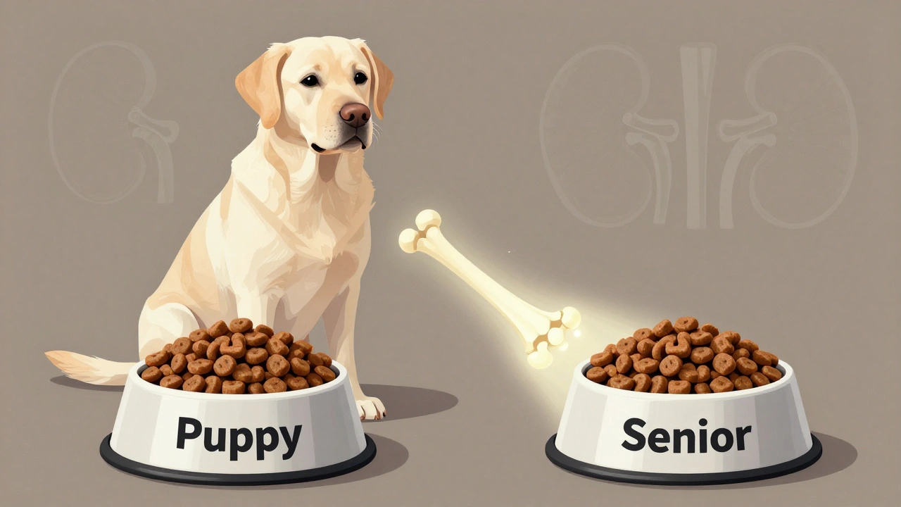 Лабрадор рядом с двумя мисками: один корм для щенков, другой — для пожилых собак.