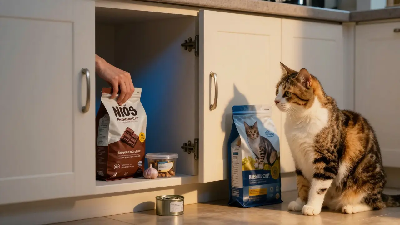 Лапа кошки тянется к запрещенным продуктам в закрытом шкафу, рядом — безопасный корм.