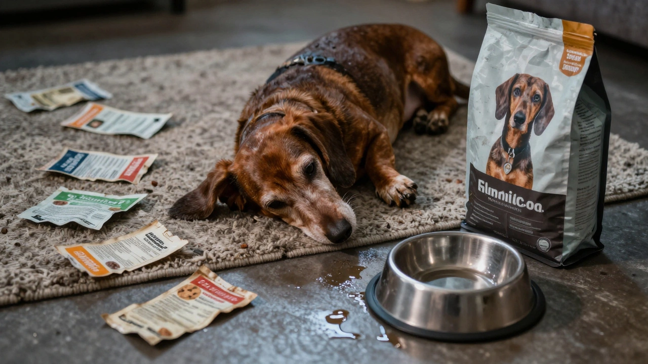 Пожилая такса лежит на ковре, вокруг — старые упаковки корма, рядом новая миска.