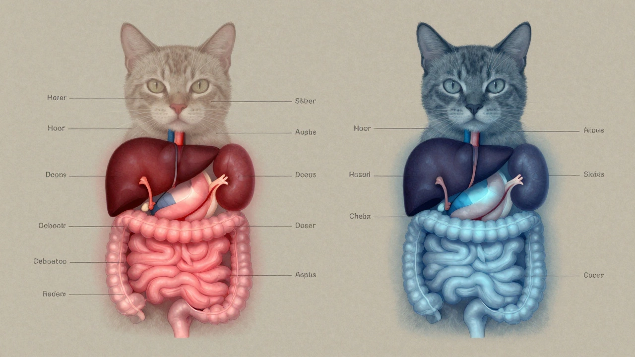 Прозрачное изображение внутренних органов кошки: воспалённые участки выделены красным, здоровые — синим.