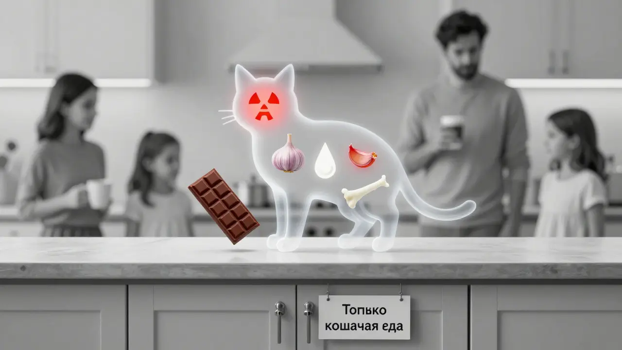Прозрачный кот, наполненный токсичными продуктами, над кухонной стойкой с закрытым шкафом.