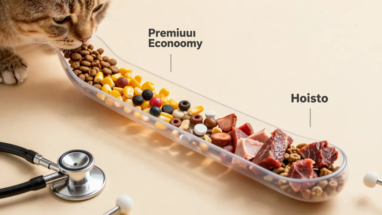 Прозрачный пищеварительный тракт кошки, показывающий разницу в качестве кормов.