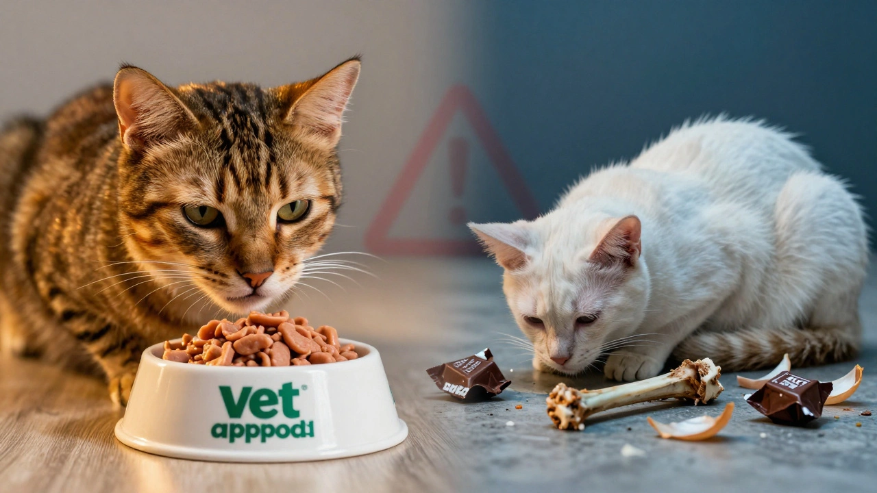 Разделённая сцена: здоровая кошка с качественным кормом слева, больная кошка с опасными остатками справа.