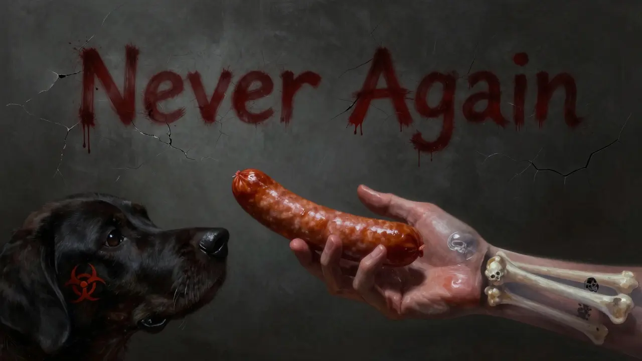 Рука дает собаке еду, но сквозь нее видны кости и символы опасности.