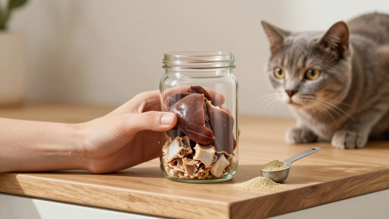 Рука держит стеклянную банку с натуральными ингредиентами для кошачьего рациона: мясо, печень, кости и таурин.