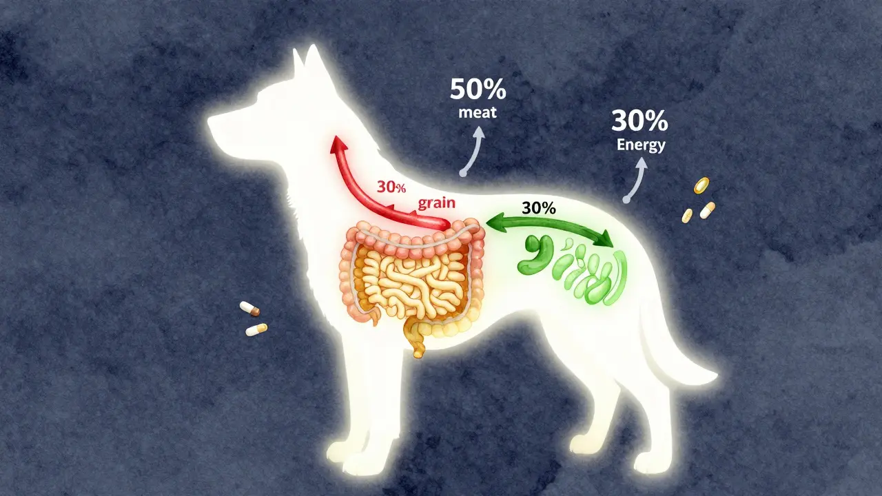 Схема пищеварения собаки с распределением мяса, каши и овощей в пропорции 50/30/20.