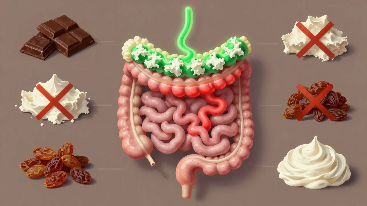 Схема пищеварения собаки с зонами безопасности и опасности от творога.