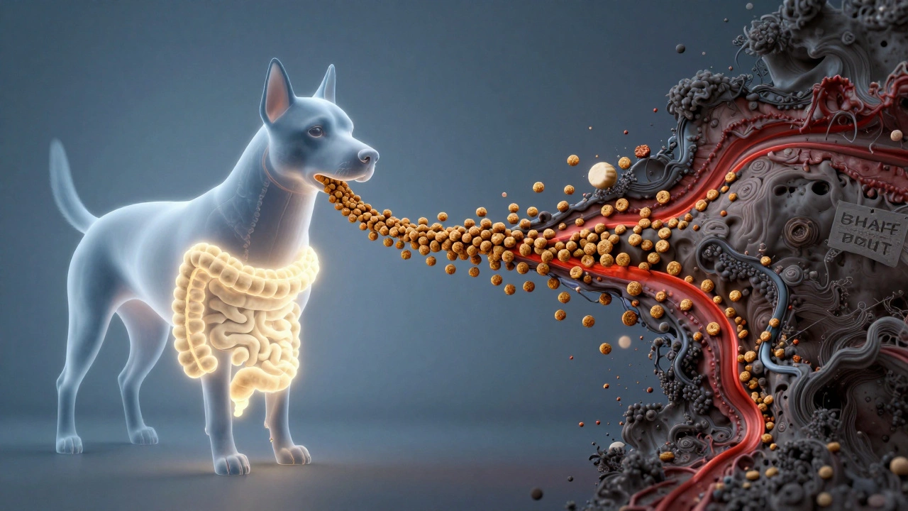 Схема пищеварения собаки: здоровые питательные вещества против вредных добавок в корме.