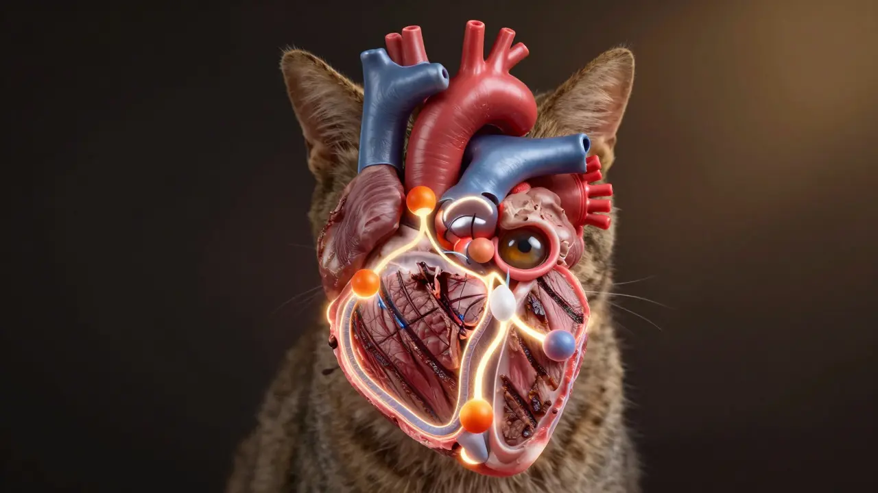 Схема внутреннего строения кошки с молекулами таурина на куске говядины.