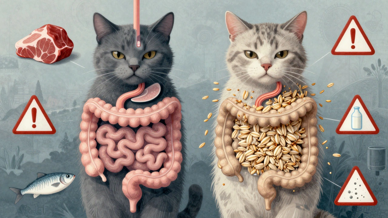 Схематичное изображение пищеварения кошки: мясо усваивается, а злаки отвергаются организмом.