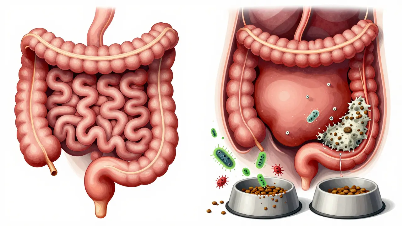 Схематичное изображение здорового и больного пищеварения собаки при неправильном кормлении.