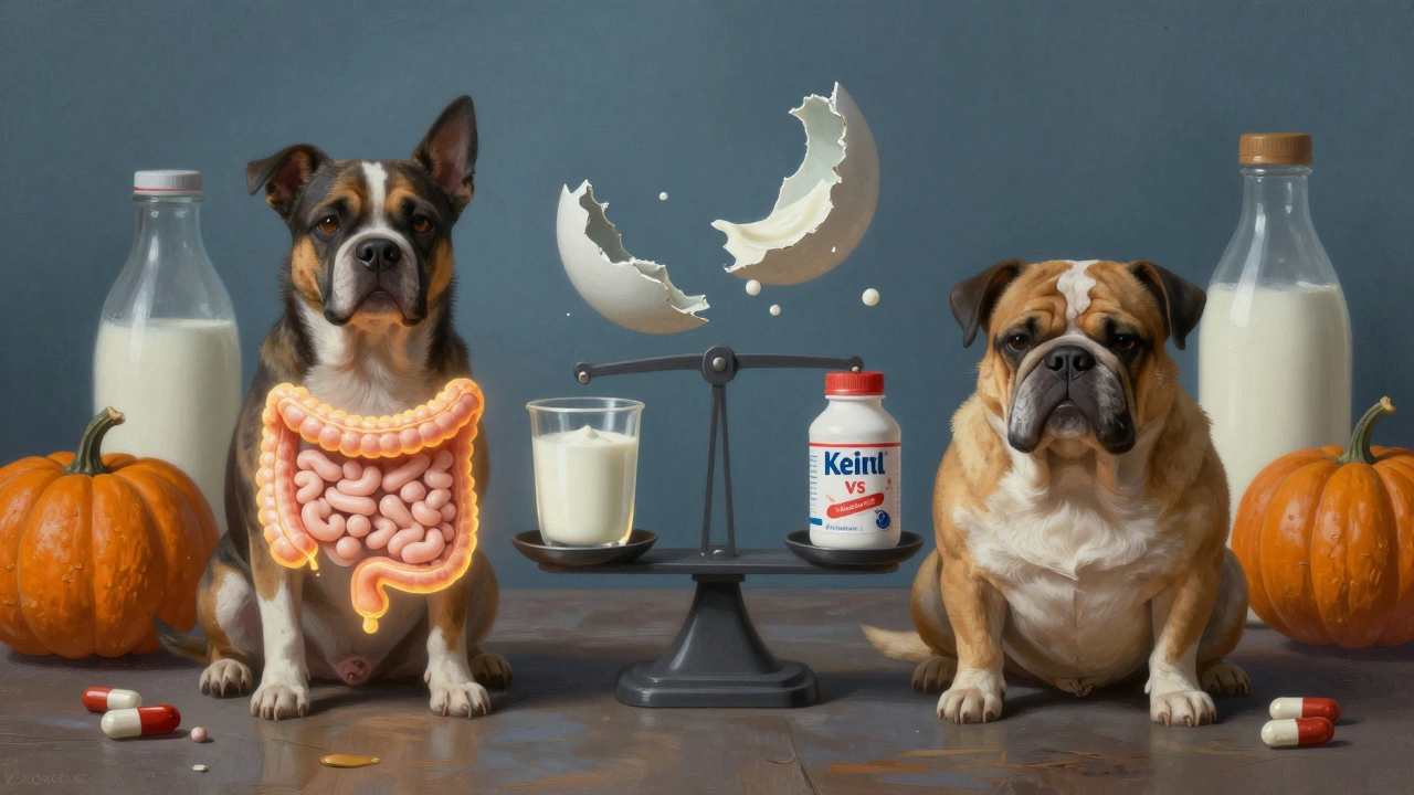 Схематичное изображение здорового и больного пищеварения собаки с кефиром и альтернативами.