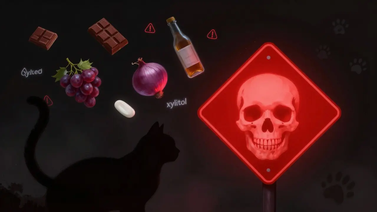 Силуэт кошки вокруг опасных продуктов, окружённых символами опасности.
