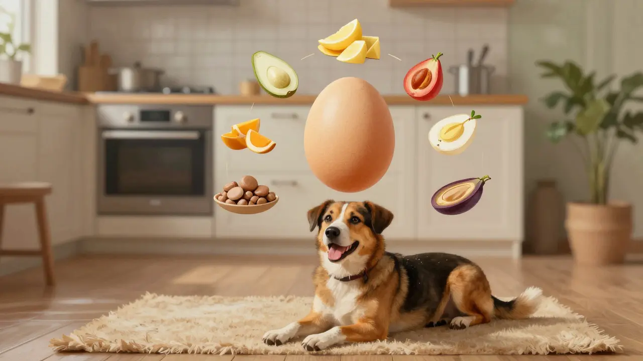 Символическая пирамида питания для собак с яйцом в центре и здоровыми ингредиентами вокруг.