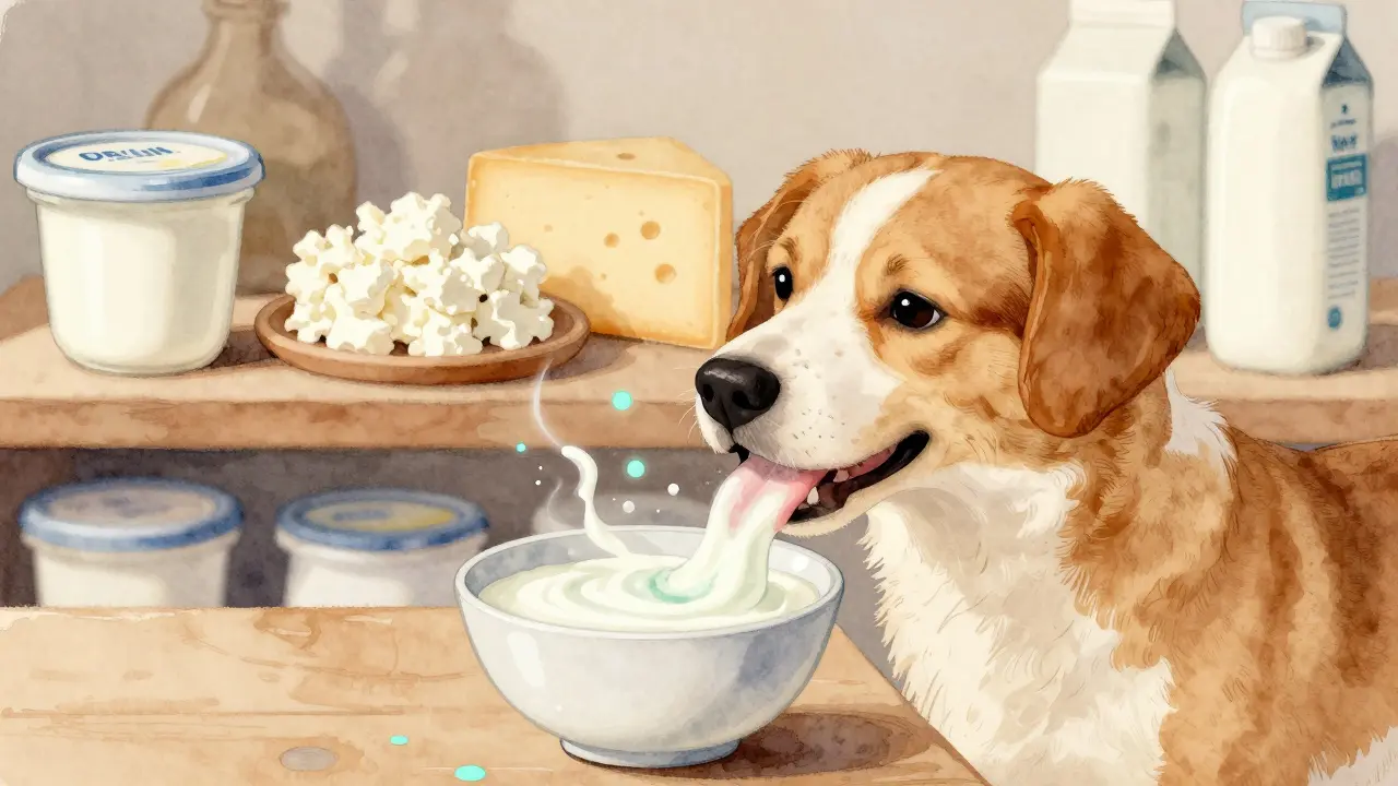 Собака ест натуральный кефир, вокруг — светящиеся частицы пробиотиков.