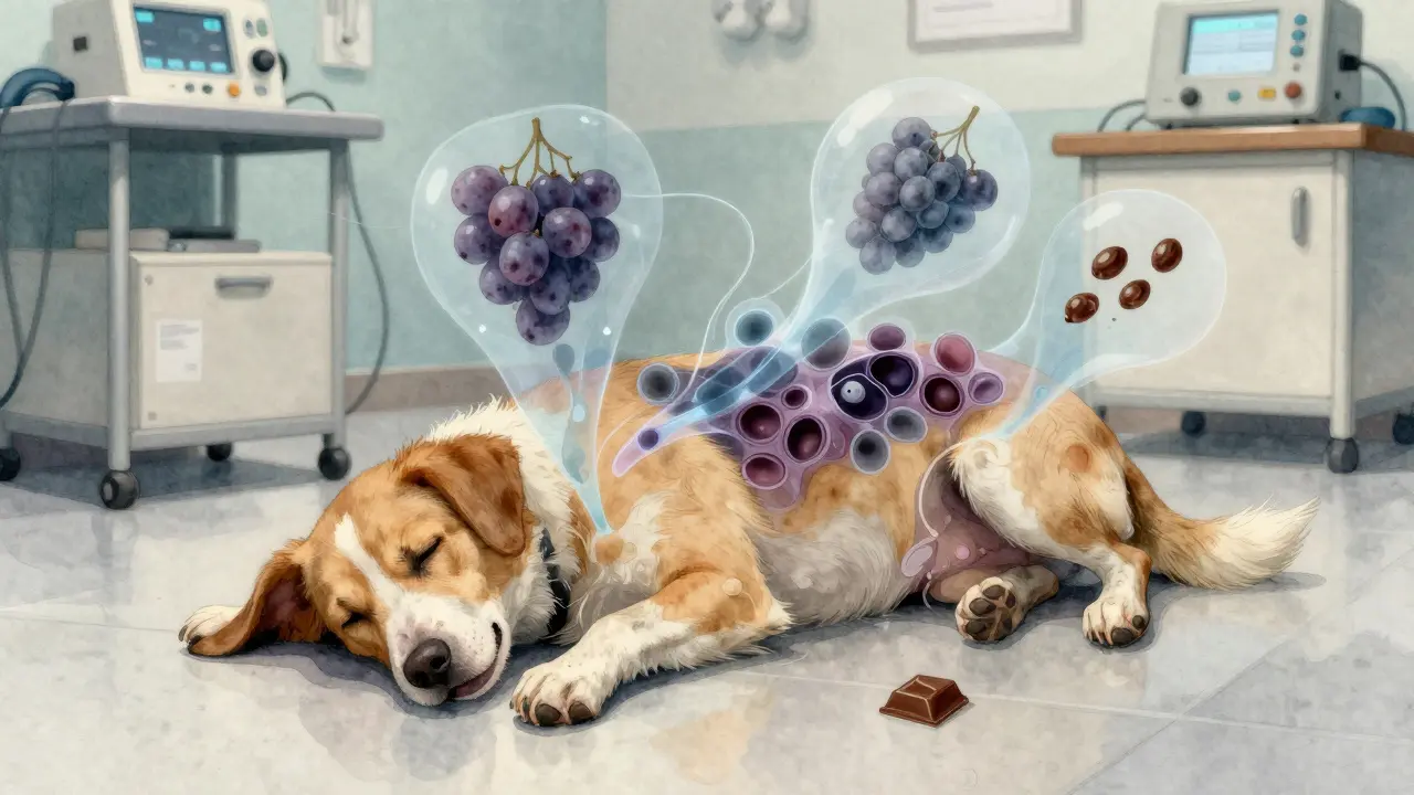 Собака на полу ветклиники с признаками отравления, внутри тела видны токсины.