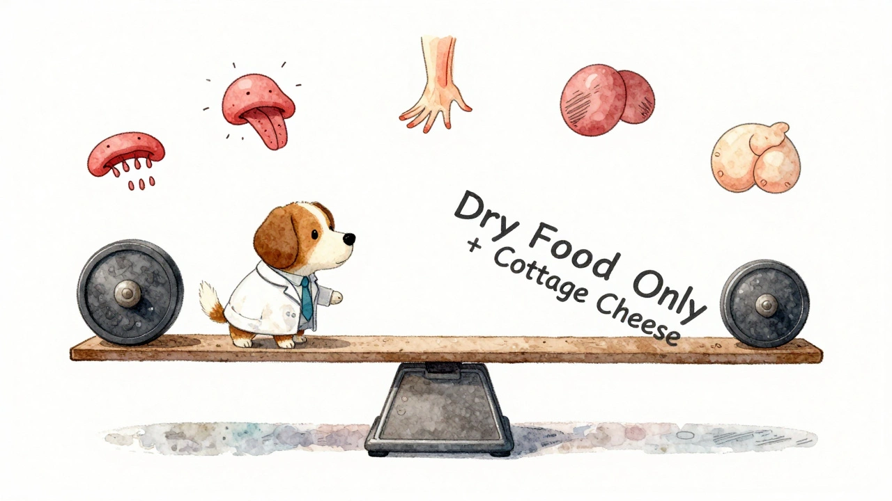 Собака в лабораторном халате сравнивает два варианта питания на весах.