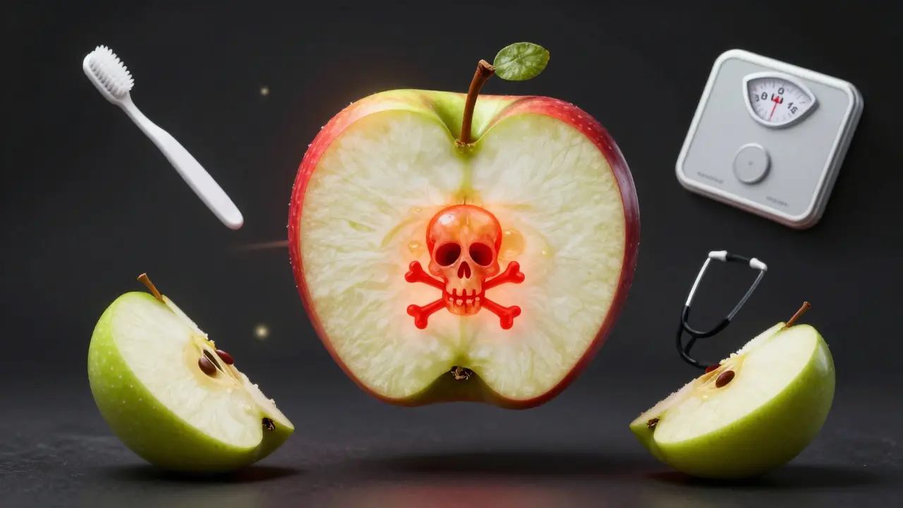 Собака видит яблоко с опасными семечками в красном свете и безопасными кусочками в зеленом, символизируя выбор между риском и безопасностью.