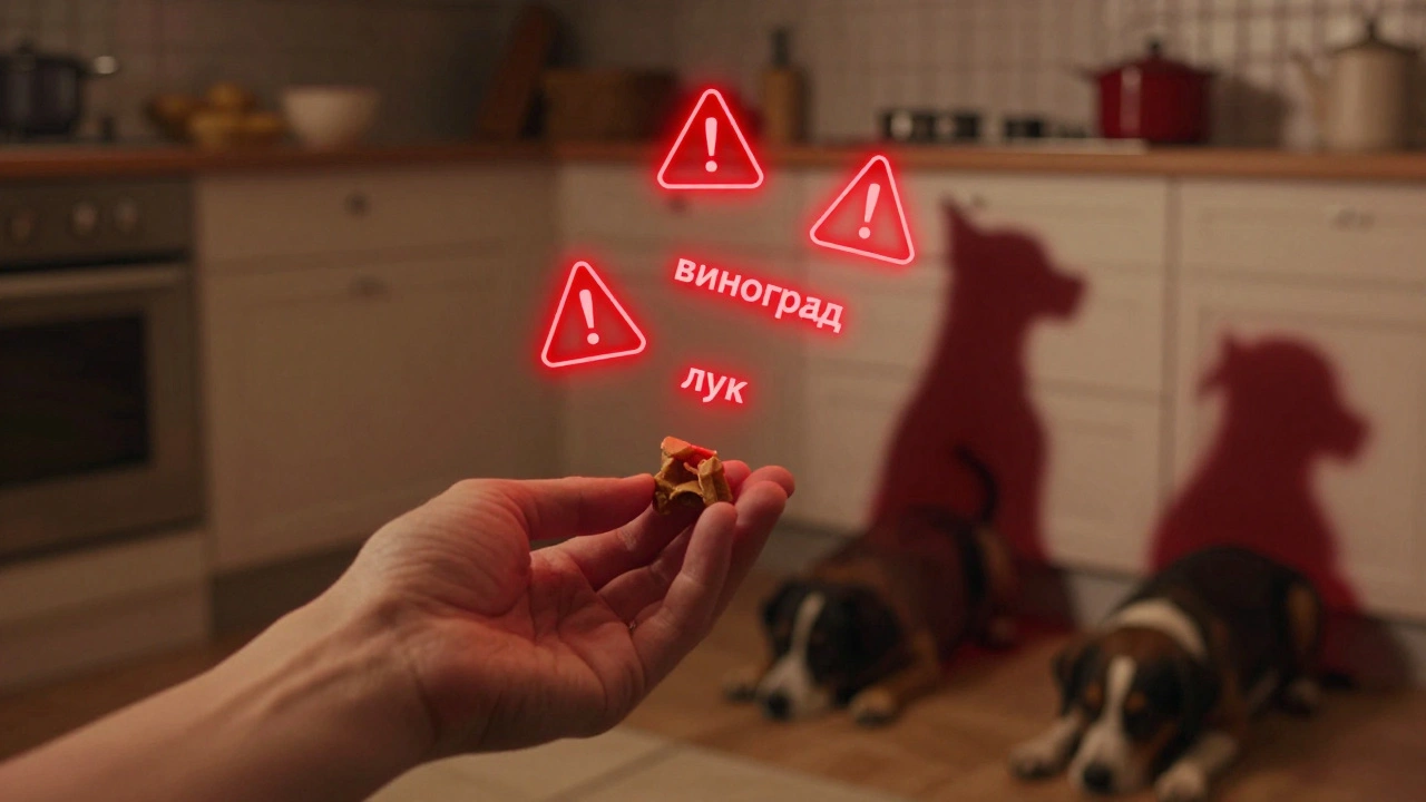 Собака видит ядовитые продукты как красные предупреждения, когда человек дает ей лакомство.