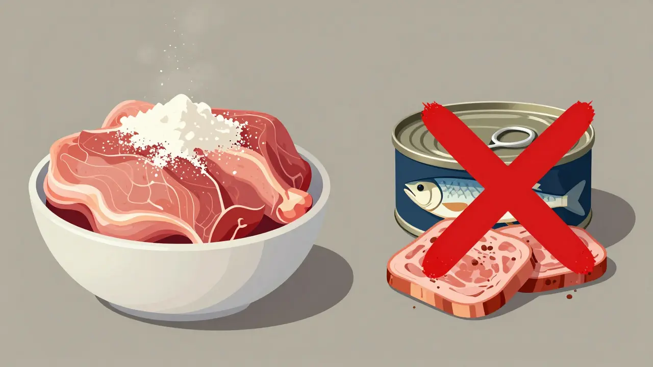 Сравнение полезного мяса и вредных продуктов для кошки.